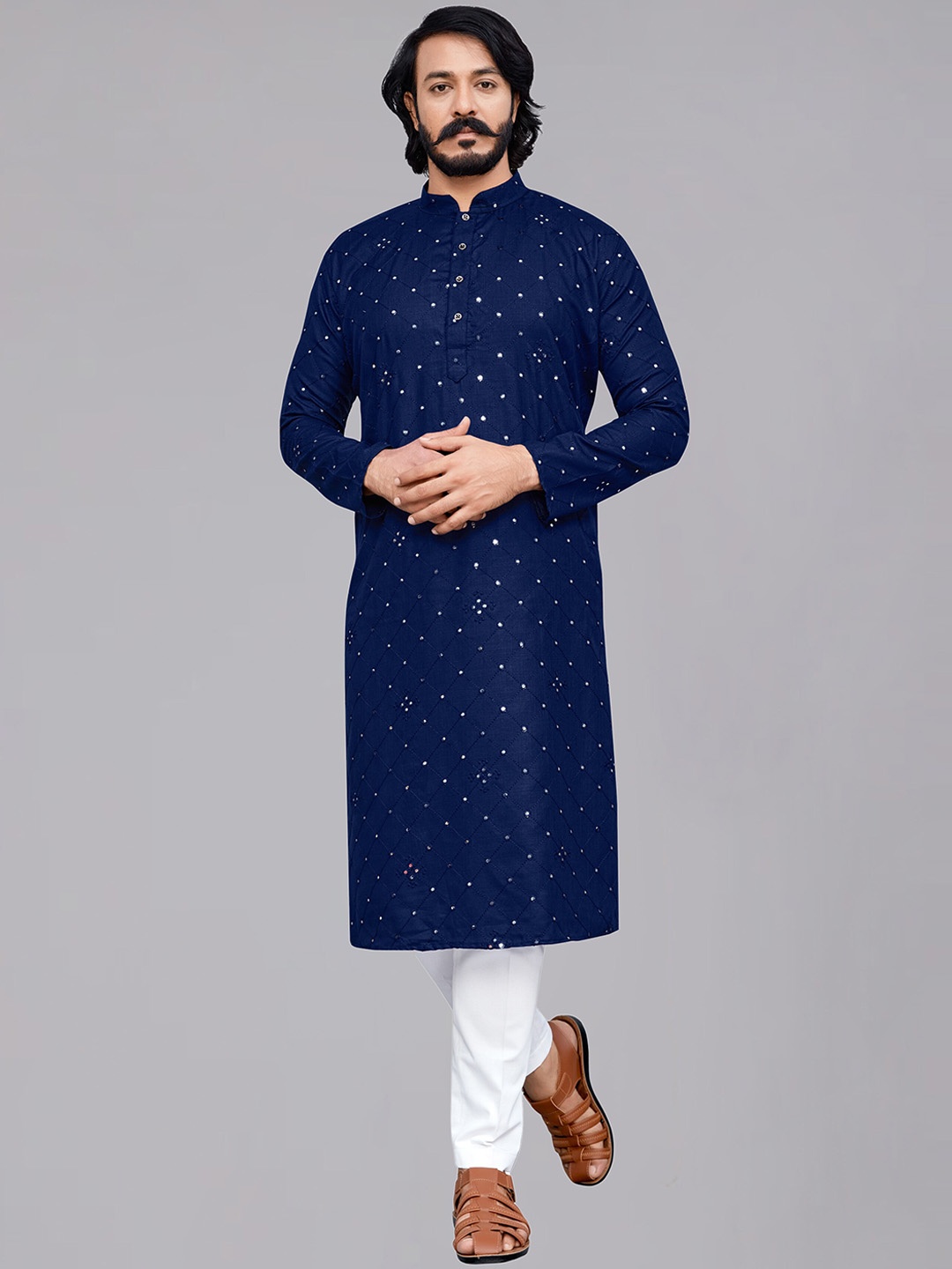 

COCOI LIFESTYLE Geometric Embroidered Mirror Work Pure Cotton Kurta With Pyjamas, Blue