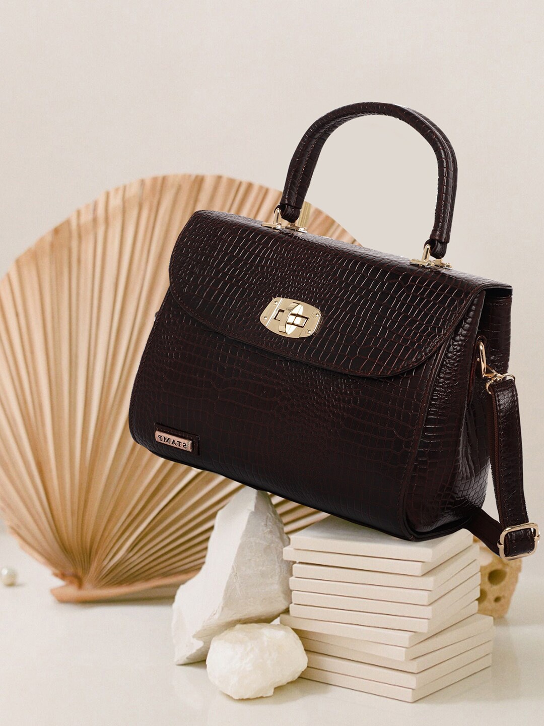 

Stamp Textured Leather Structured Satchel, Brown
