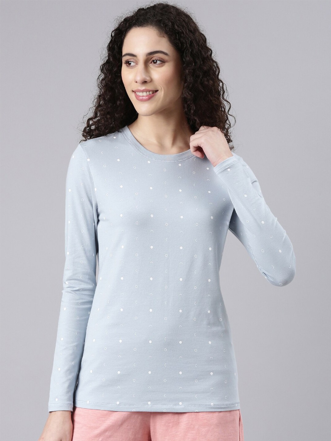 

Enamor Polka Dot Printed Slim Fit Cotton T-shirt, Blue
