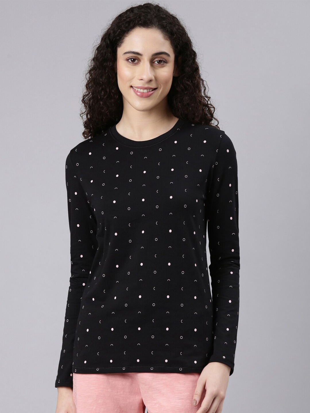 

Enamor Polka Dot Printed Cotton Lounge T-shirt, Black