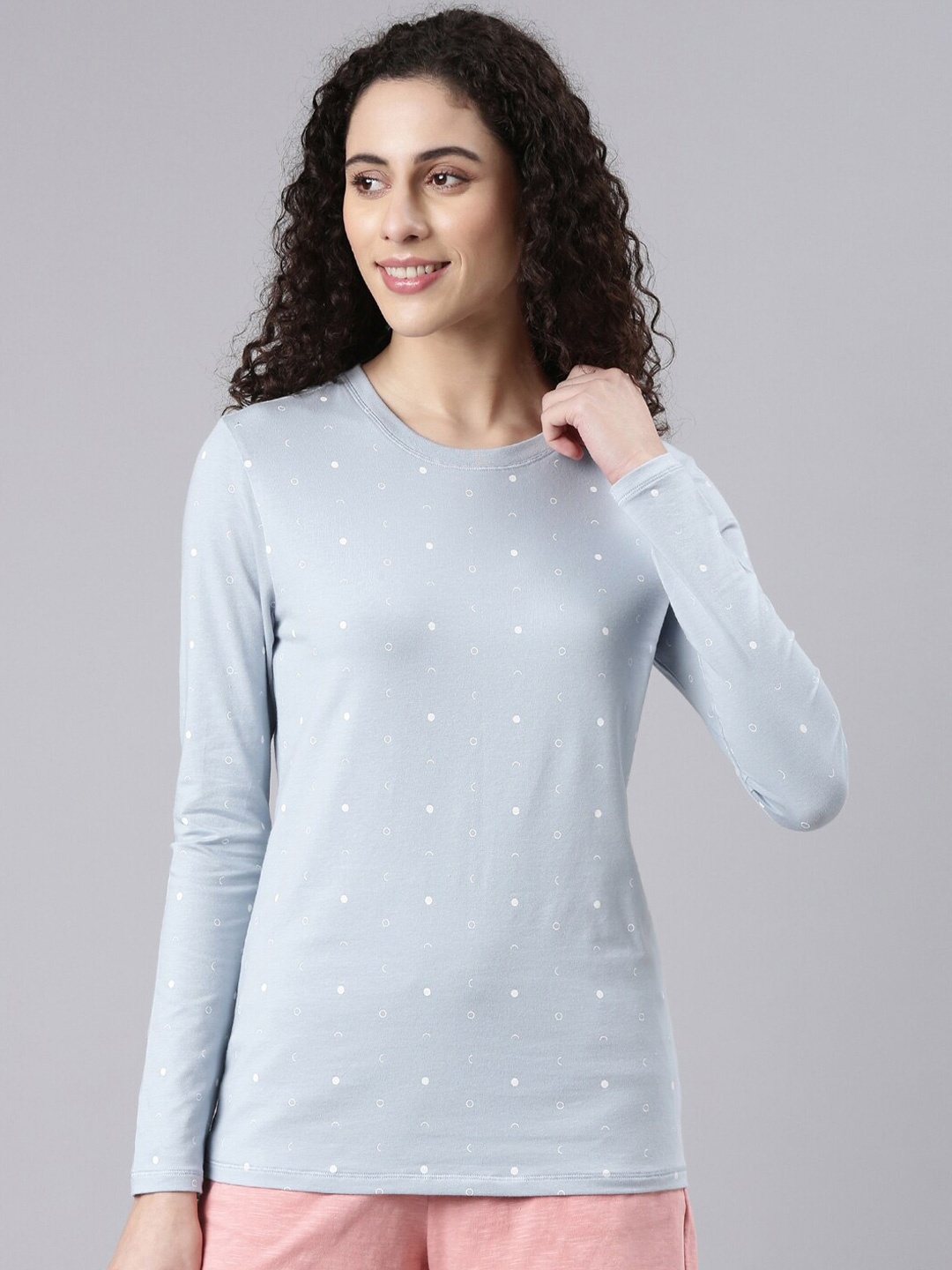 

Enamor Polka Dot Printed Slim Fit Cotton T-shirt, Blue