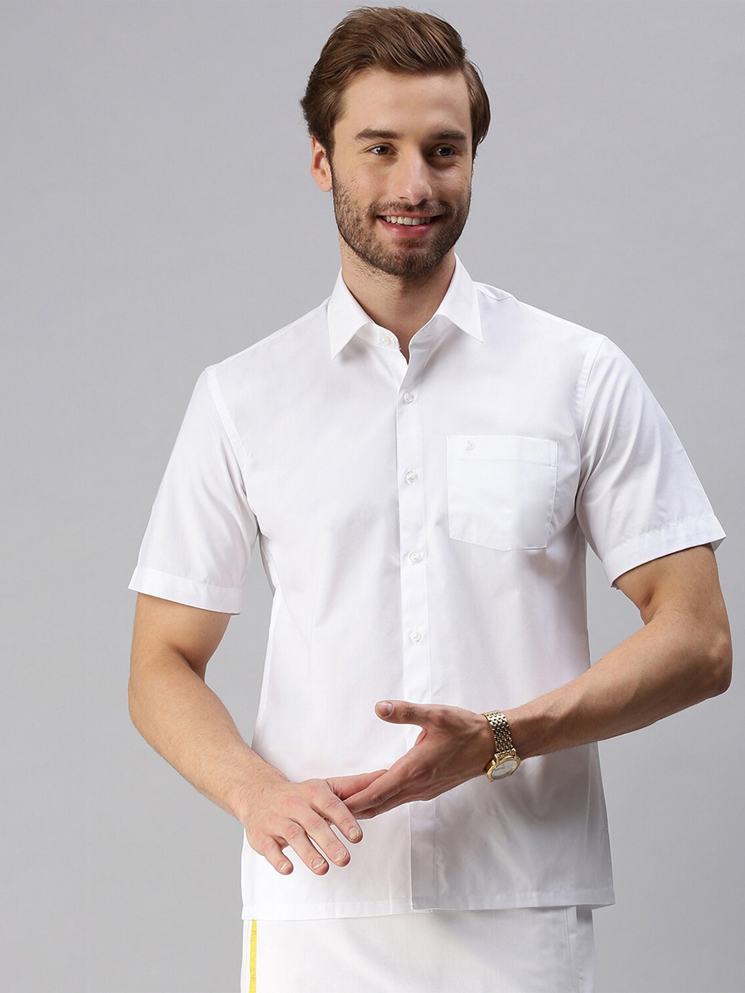 

ALAYA Slim Fit Spread Collar Opaque Cotton Casual Shirt, White