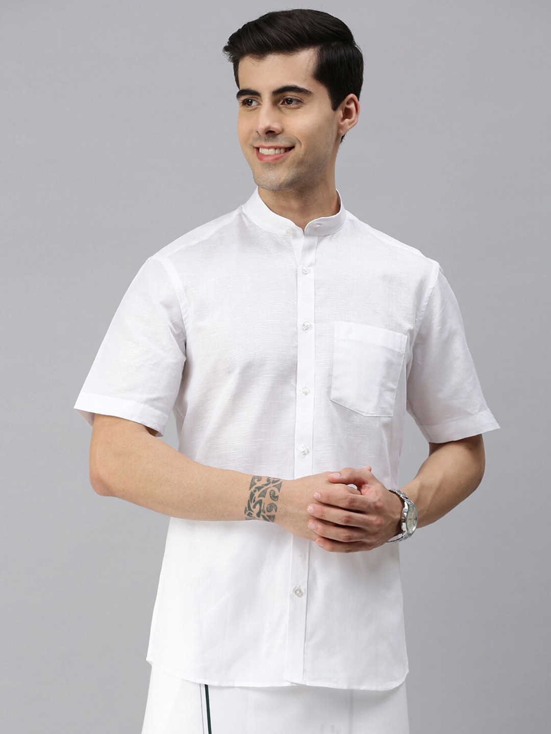 

ALAYA Slim Fit Mandarin Collar Opaque Cotton Casual Shirt, White
