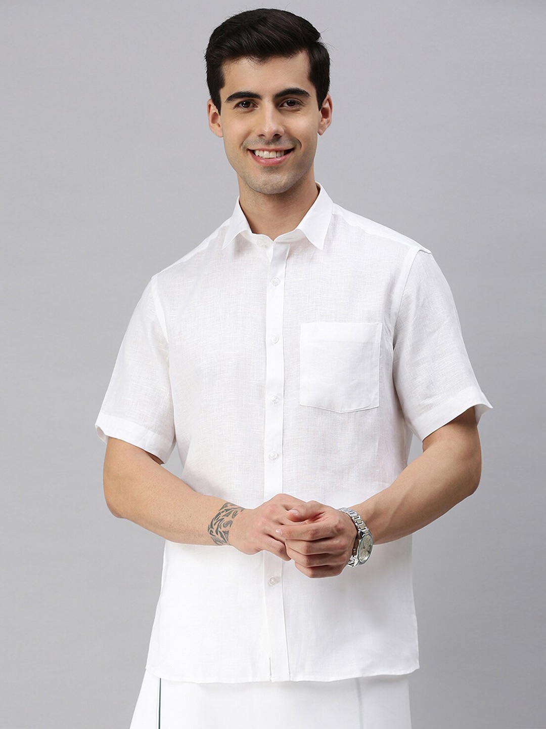 

ALAYA Slim Fit Spread Collar Opaque Cotton Casual Shirt, White
