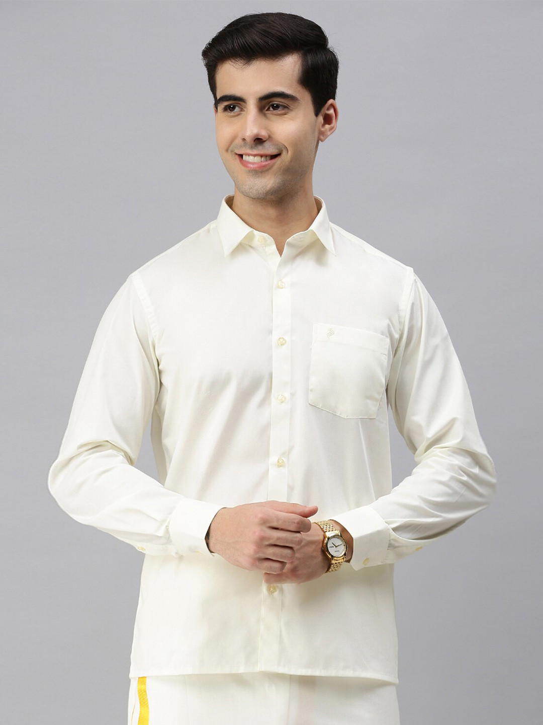 

ALAYA Slim Fit Spread Collar Cotton Casual Shirt, Cream