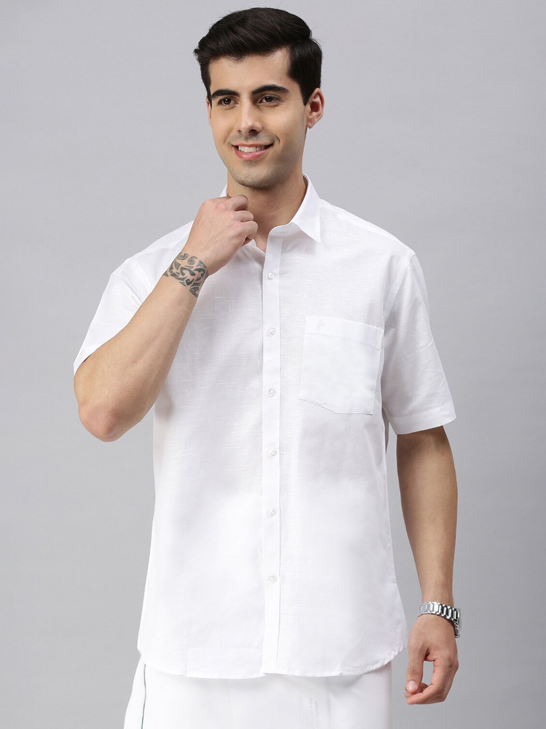 

ALAYA Slim Fit Spread Collar Opaque Cotton Casual Shirt, White