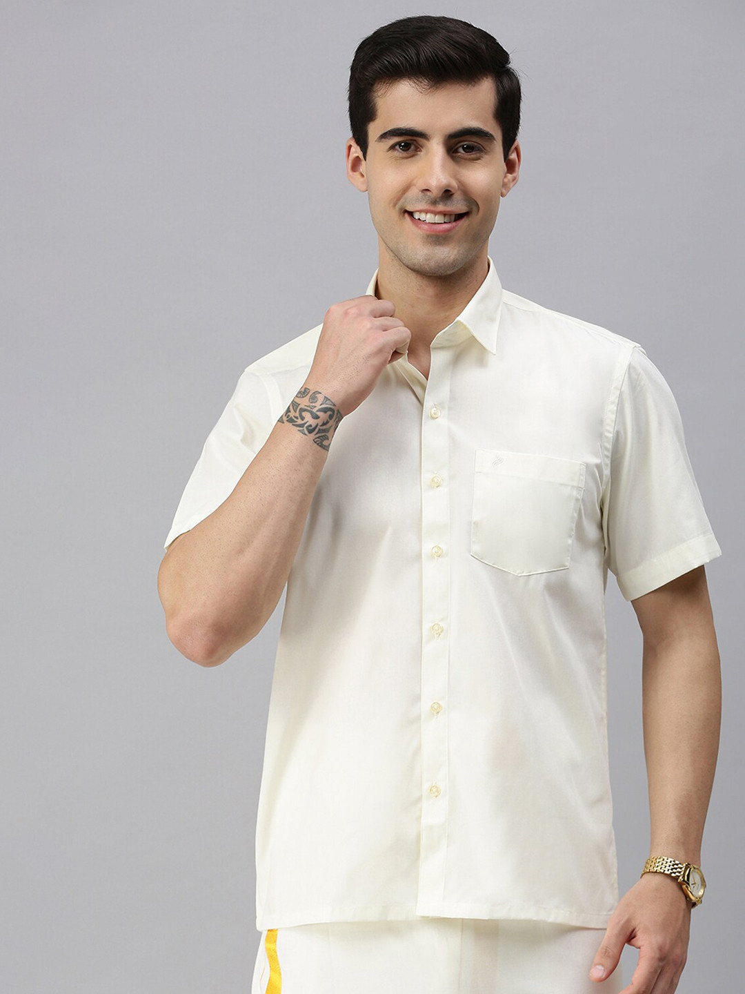 

ALAYA Sim Fit Spread Collar Opaque Cotton Casual Shirt, Cream