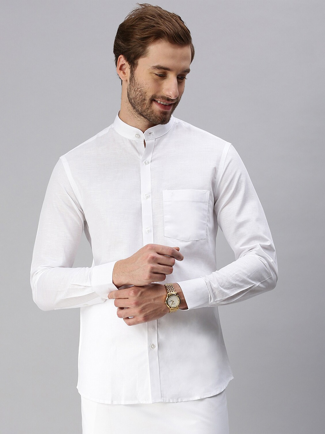 

ALAYA Slim Fit Mandarin Collar Opaque Cotton Casual Shirt, White