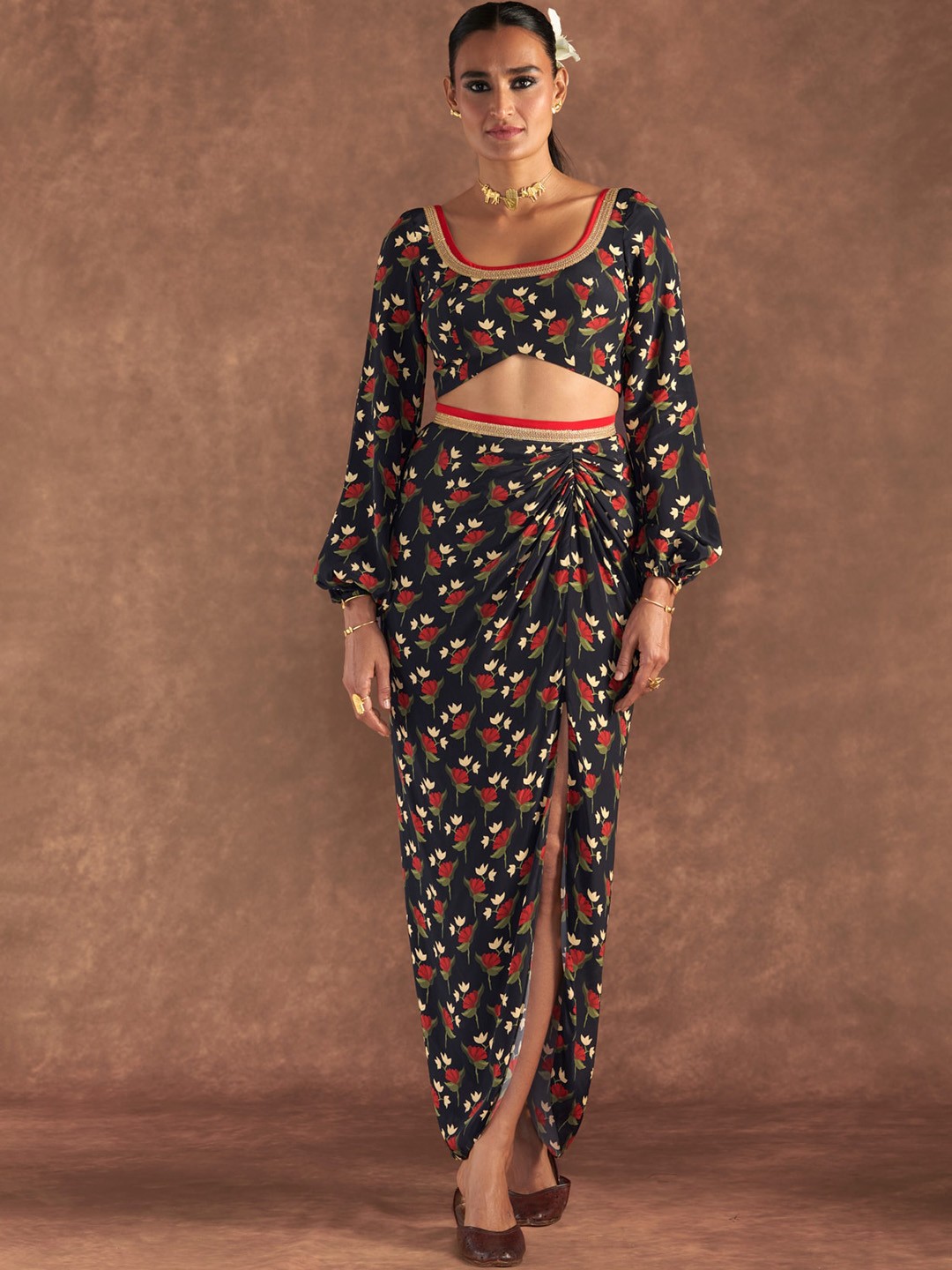 

Masaba Floral Printed Irisbud Drape Top & Skirt, Black