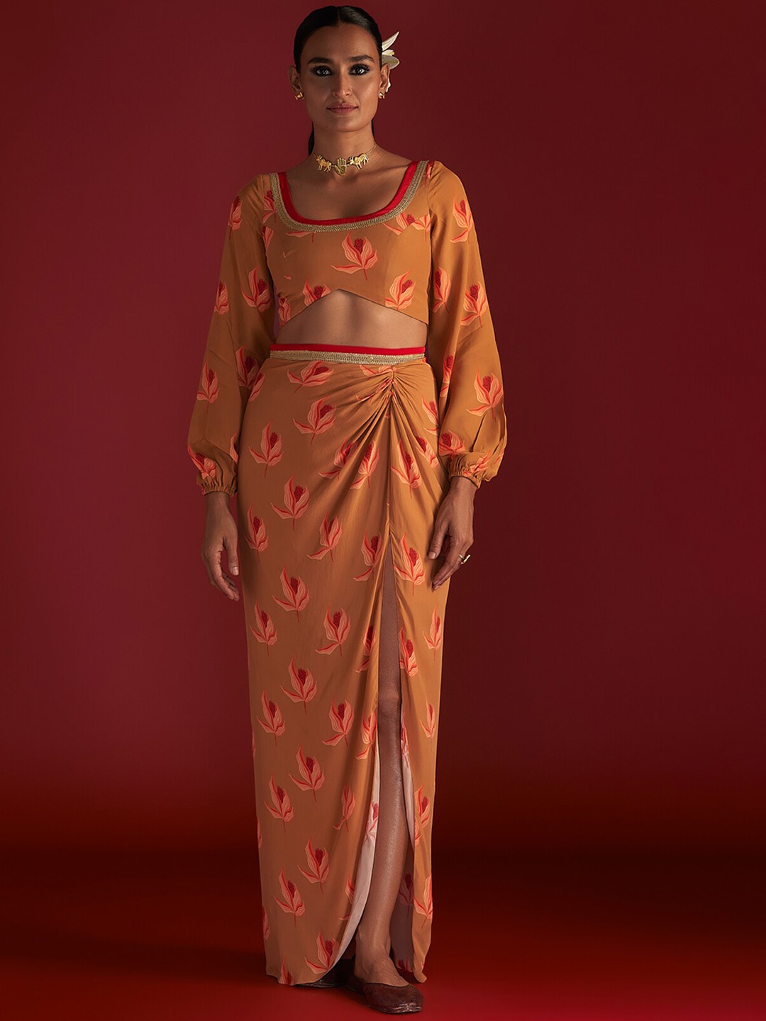 

Masaba Caramel Nectar Cup Draped Skirt Set, Camel brown