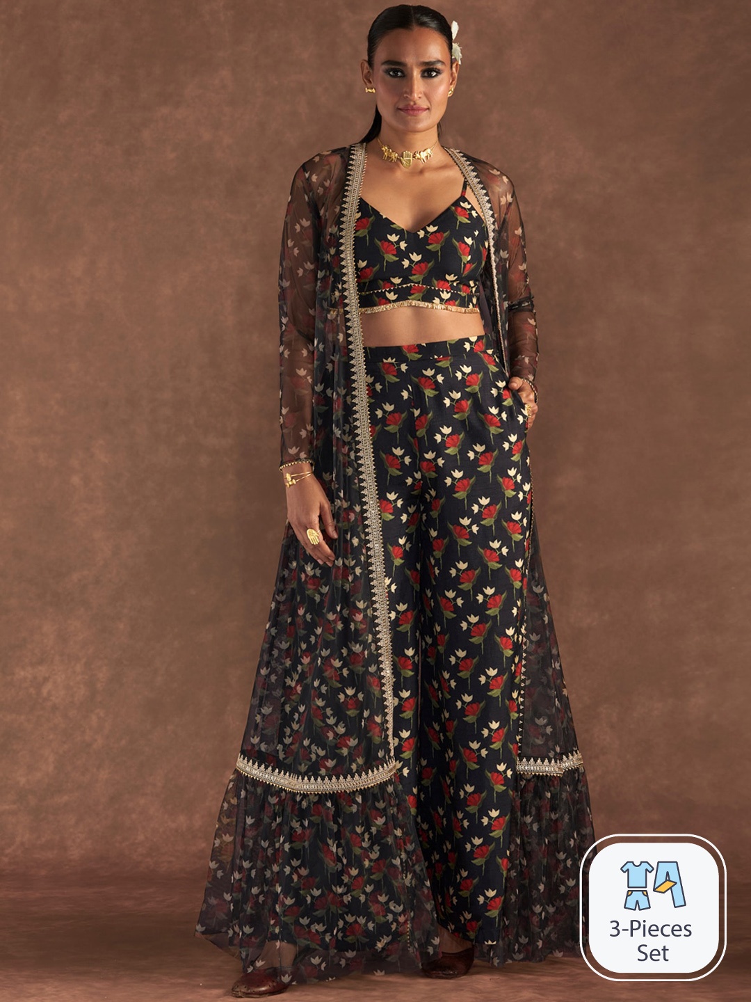 

Masaba Irisbud Floral Printed Top With Trousers & Cape, Black