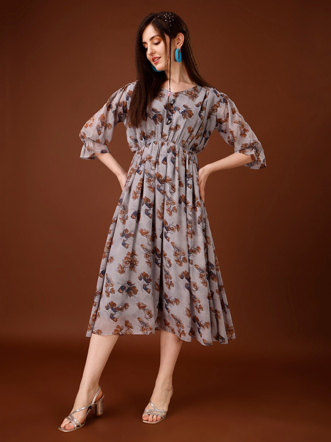 

Fashion2wear Floral Printed Georgette Fit & Flare Midi Dress, Grey