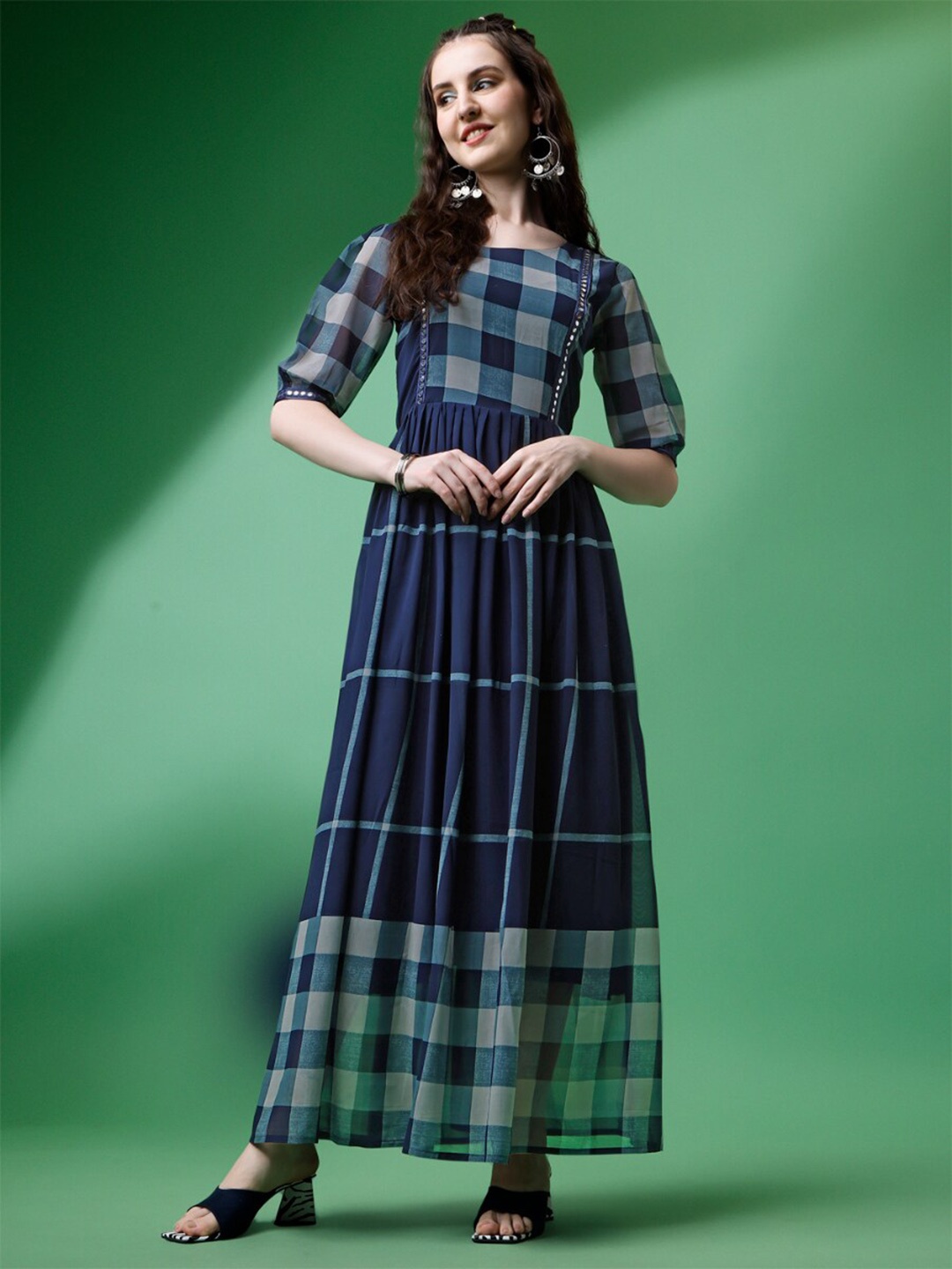 

Fashion2wear Checked Puff Sleeve Fit& flare Maxi Dress, Navy blue