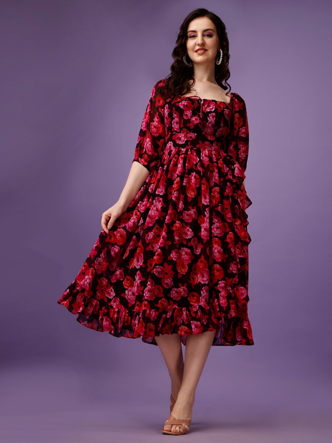 

Fashion2wear Floral Printed Puff Sleeves Georgette Fit & Flare Tulip Midi Dress, Maroon