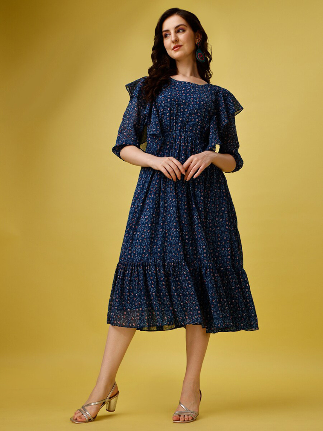 

Fashion2wear Floral Printed Puff Sleeves Flounce Hem Georgette Fit & Flare Midi Dress, Blue