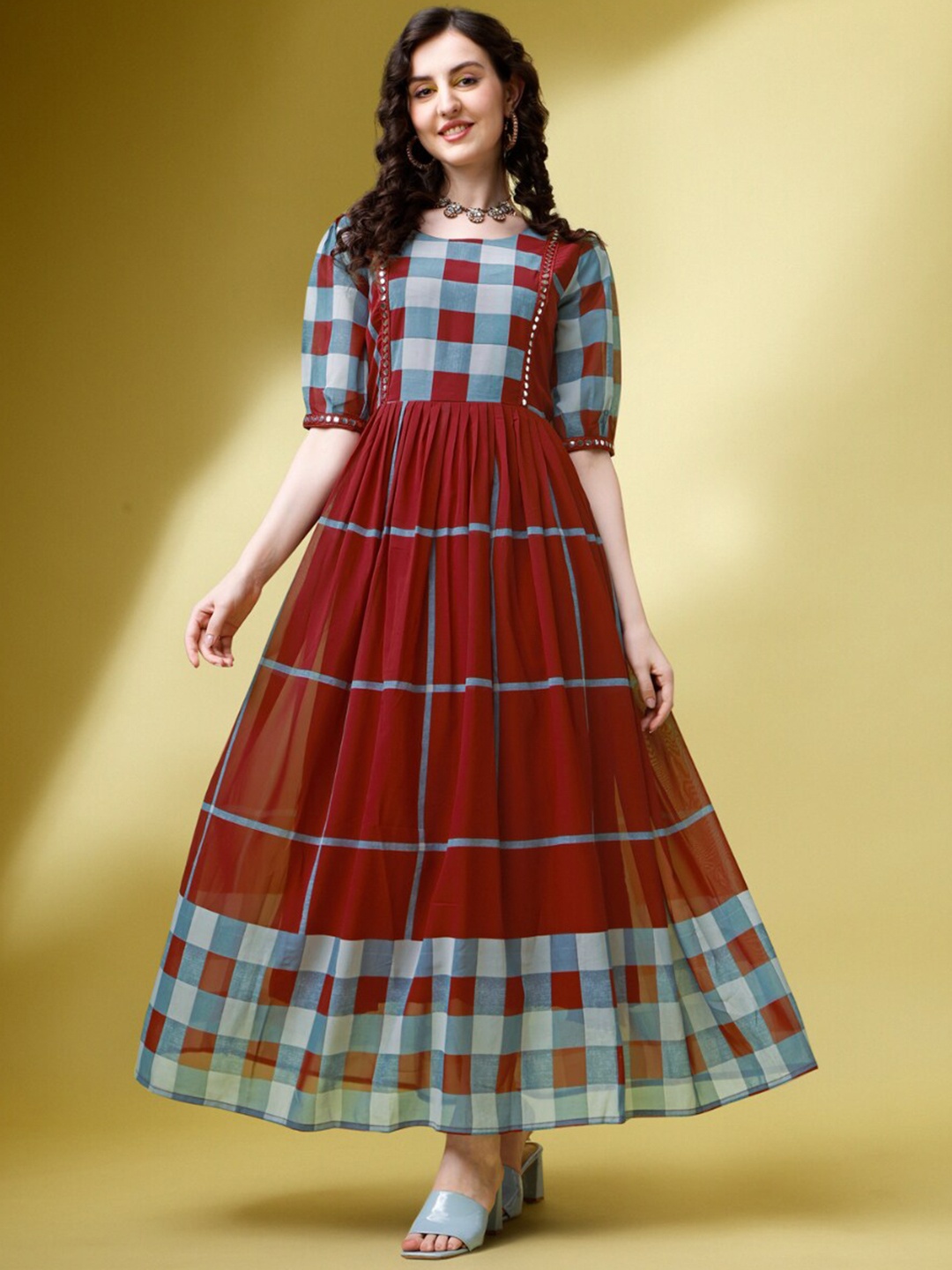 

Fashion2wear Checked Round Neck Puff Sleeve Pleated Fit & flare Maxi Dress, Maroon