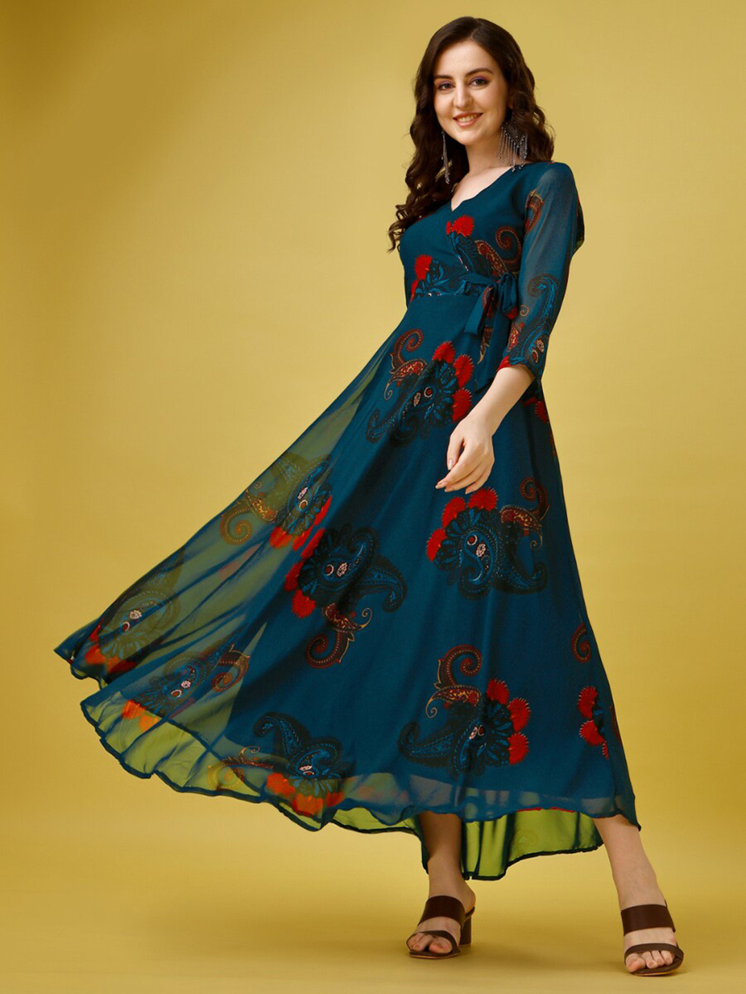 

Fashion2wear Floral Print V-Neck Puff Sleeve Fit & flare Maxi Dress, Blue