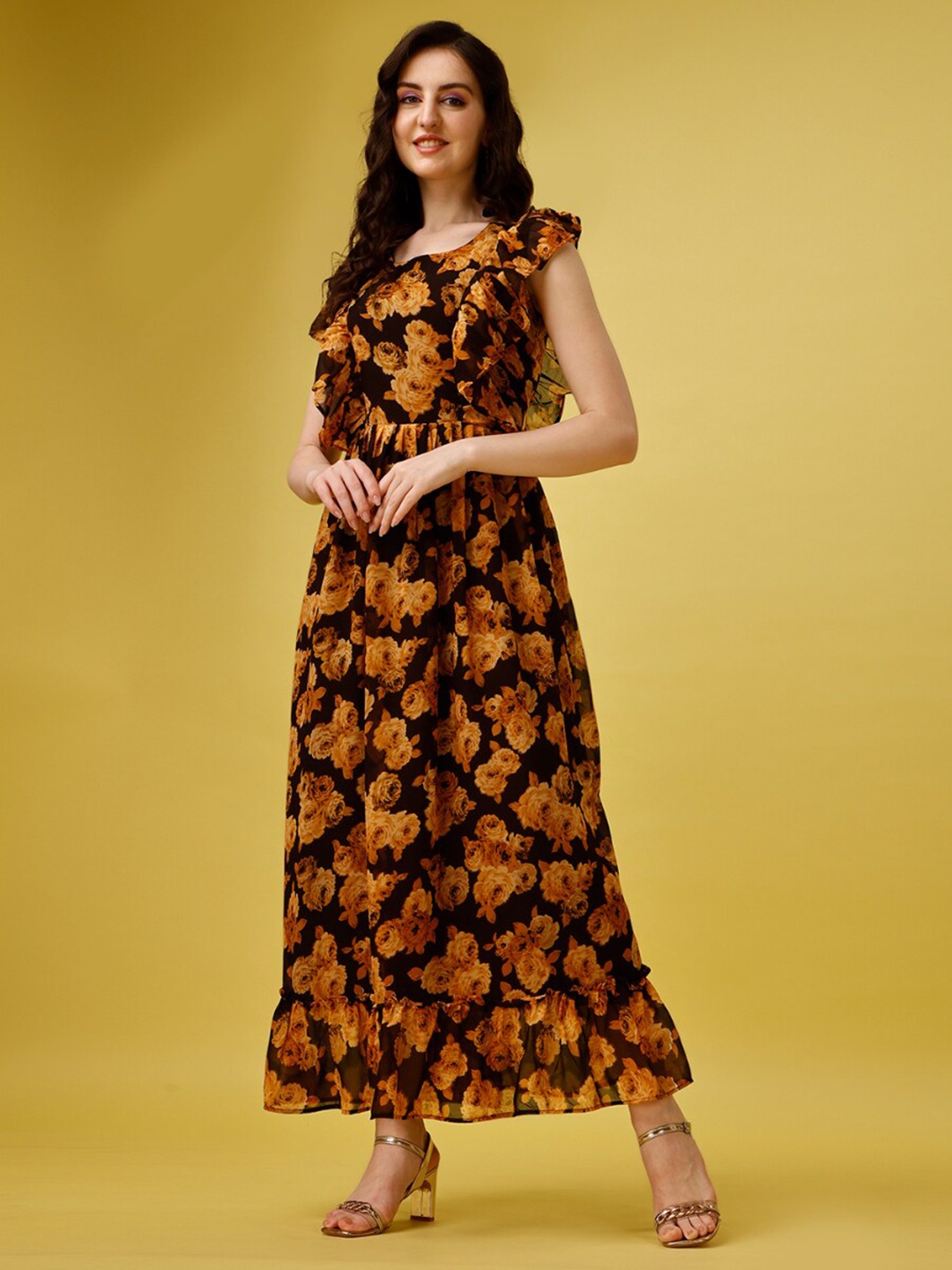 

Fashion2wear Floral Printed Ruffled Georgette Maxi Dress, Yellow