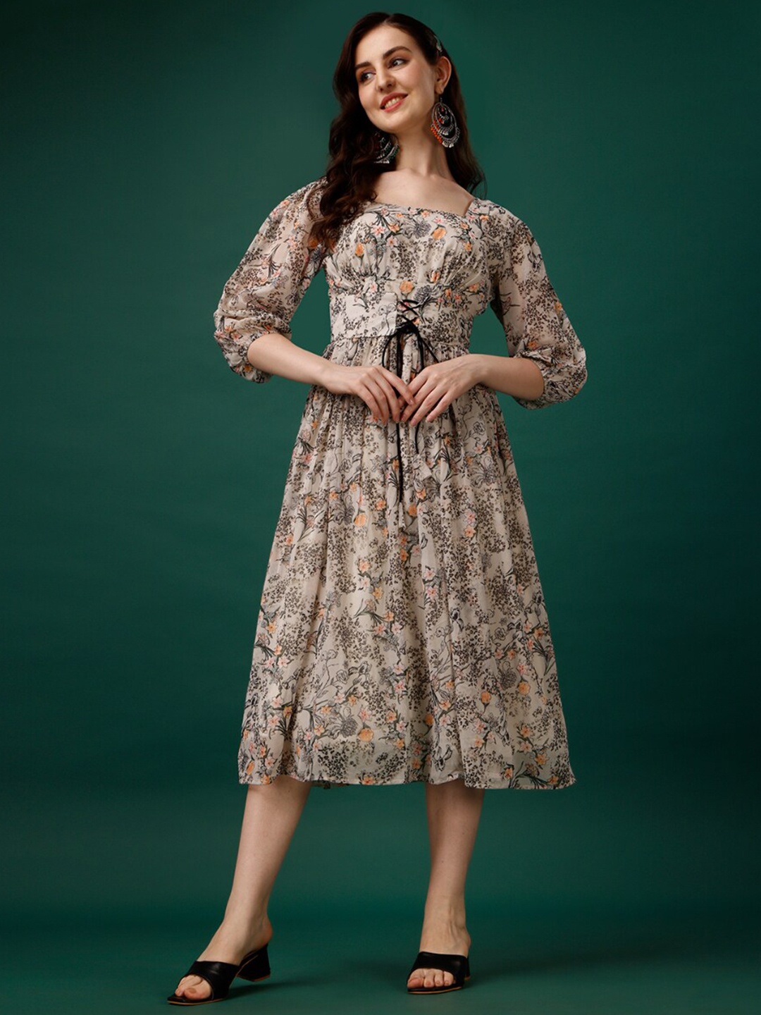 Fashion2wear Floral Print Square Neck Puff Sleeve Fit & Flare Midi Dress, Cream