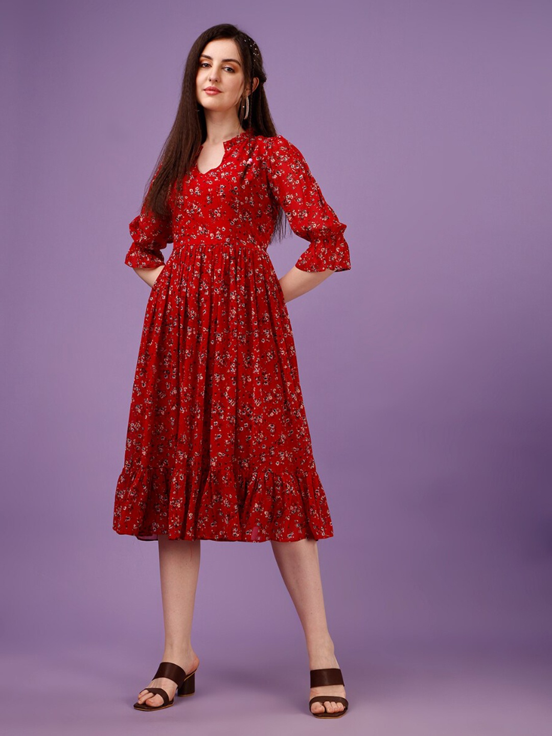 

Fashion2wear Floral Print Mandarin Collar Bell Sleeve Pleated Fit & Flare Midi Dress, Red