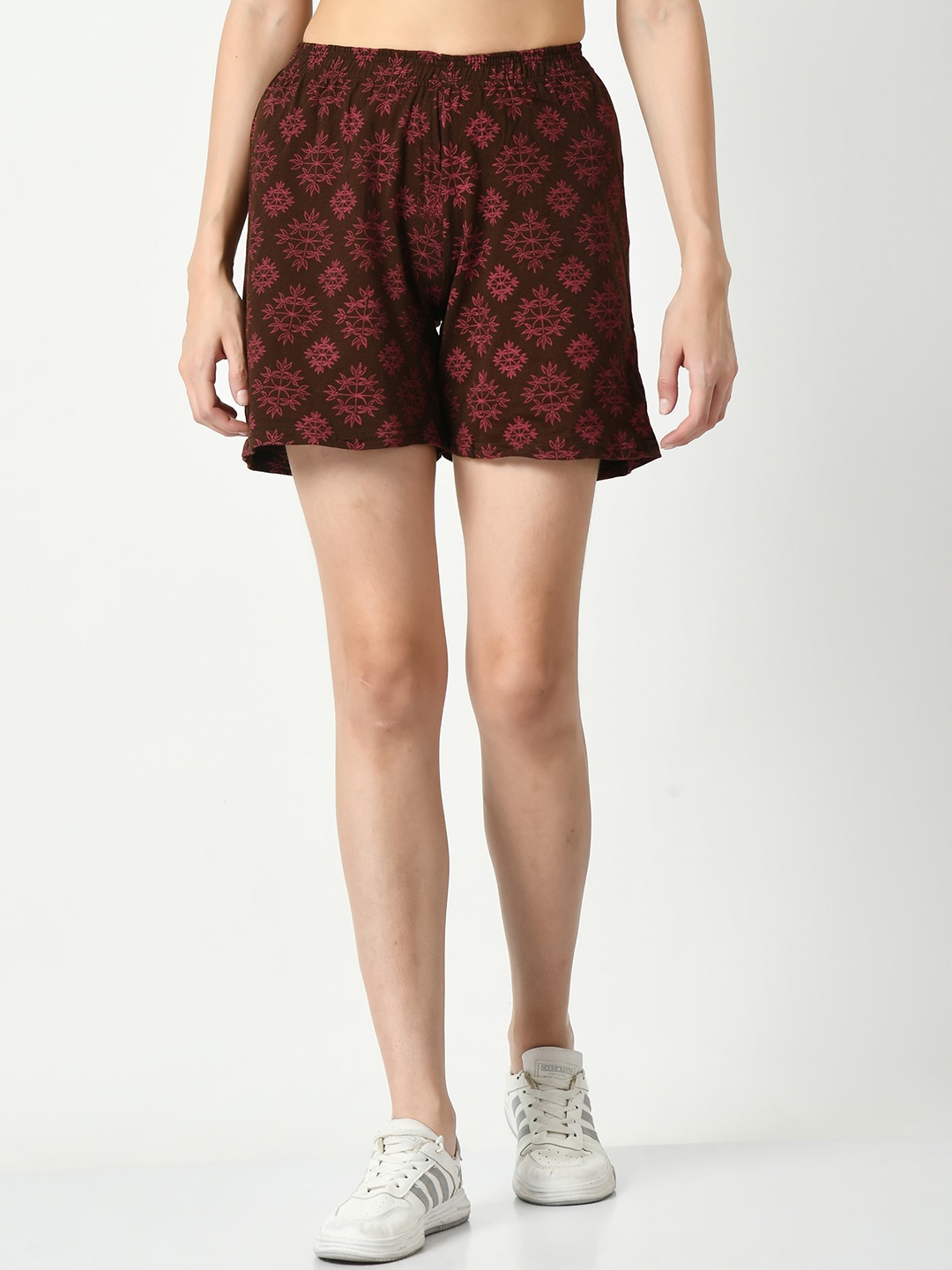 

BAESD Women Floral Printed High-Rise Pure Cotton Shorts, Brown