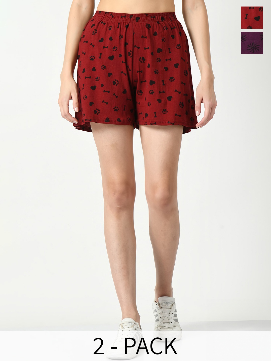 

BAESD Women Pack of 2 Printed High-Rise Pure Cotton Shorts, Red