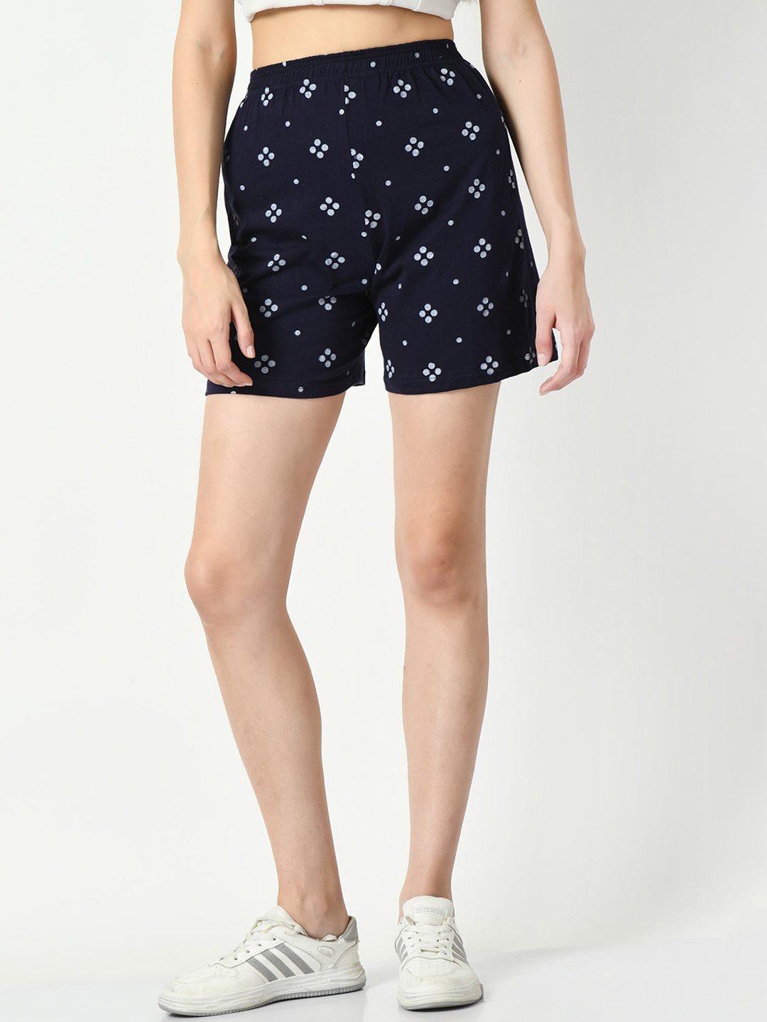 

BAESD Women Geometric Printed High-Rise Pure Cotton Shorts, Navy blue