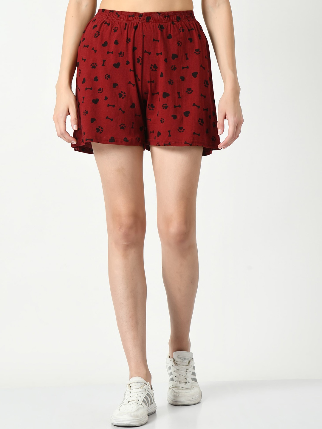 BAESD Women Conversational Printed High-Rise Pure Cotton Shorts, Maroon