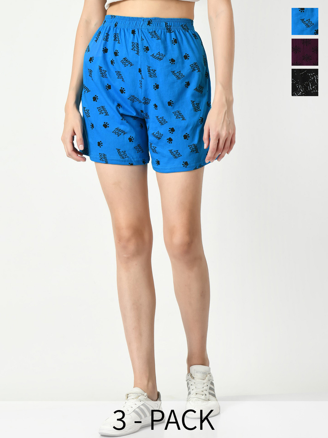 

BAESD Women Pack of 3 Printed High-Rise Pure Cotton Shorts, Blue