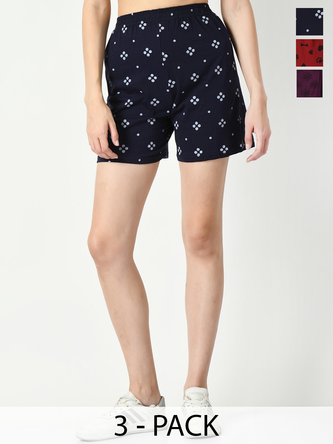 

BAESD Women Pack of 3 Printed High-Rise Pure Cotton Shorts, Navy blue