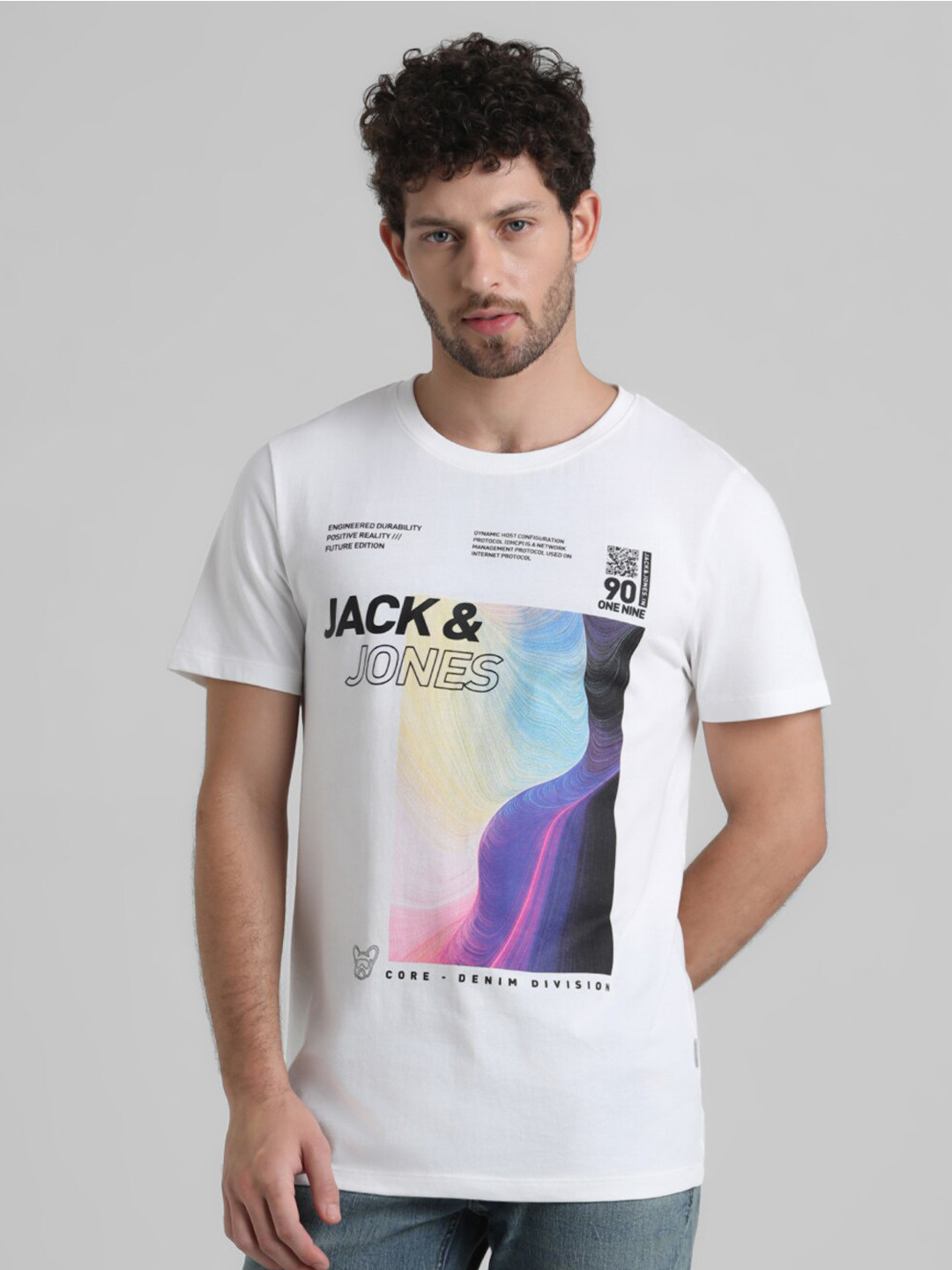 

Jack & Jones Graphic Printed Round Neck Cotton T-Shirt, White