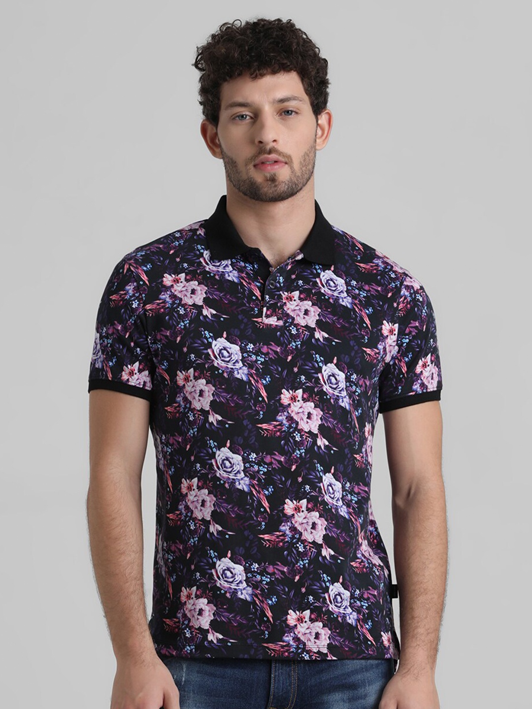 

Jack & Jones Floral Printed Polo Collar Pure Cotton T-shirt, Black