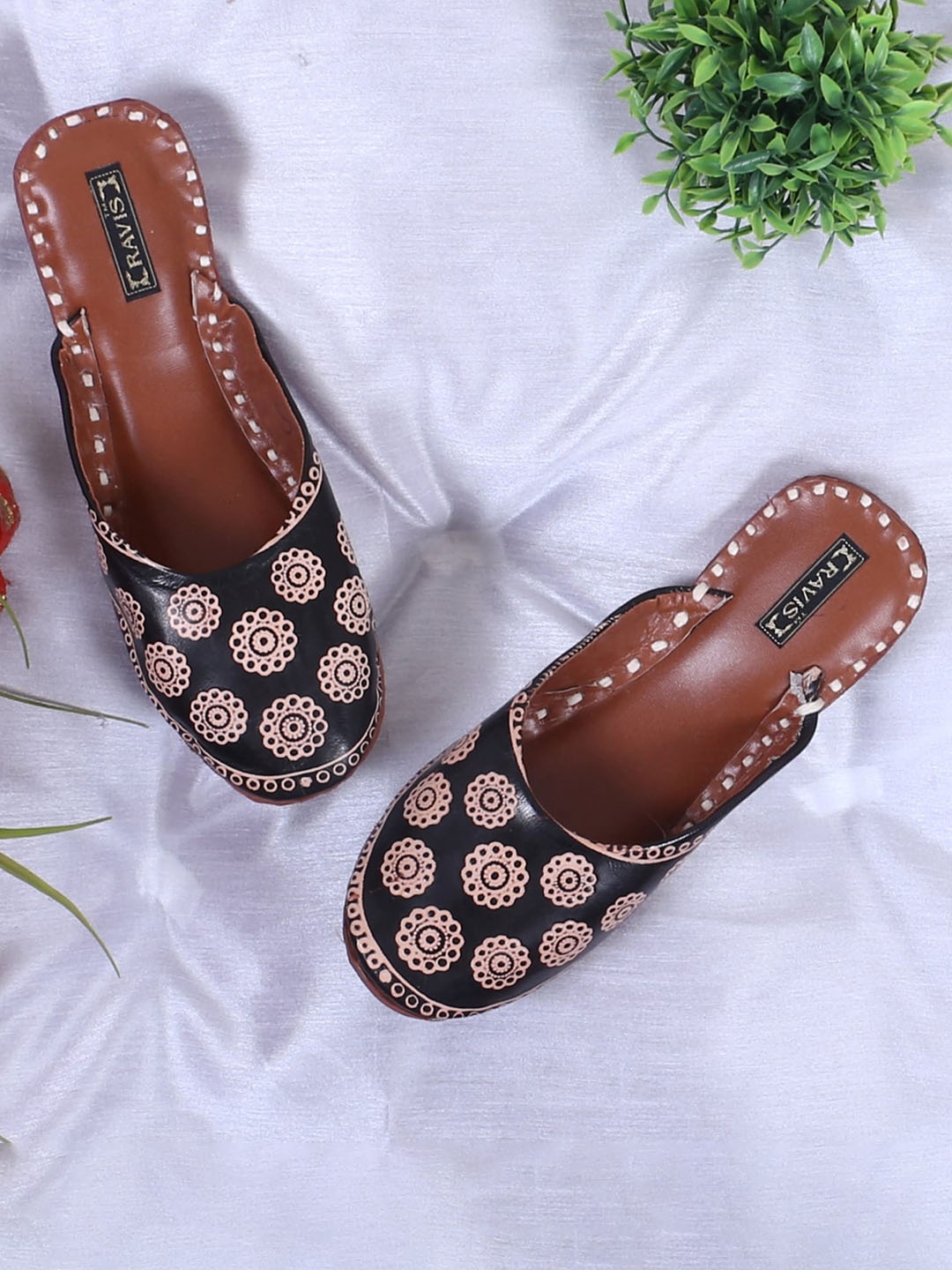 

Ravis Printed Square Toe Ethnic Mules, Black