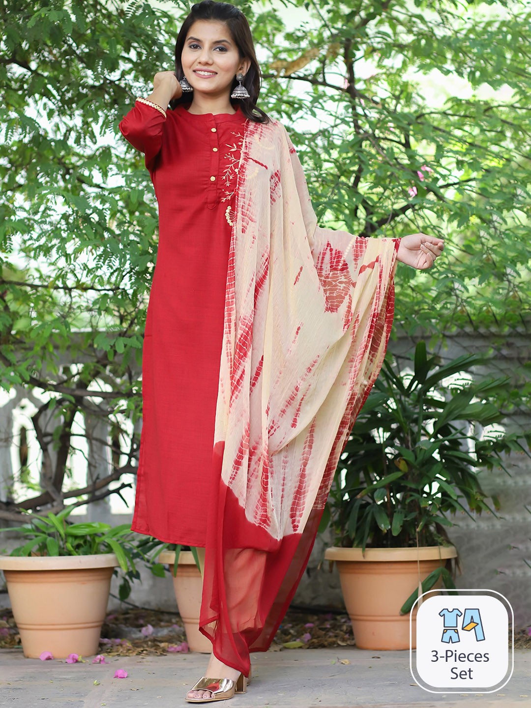 

misbis Women Embroidered Pure Cotton Kurta with Trousers & With Dupatta, Red