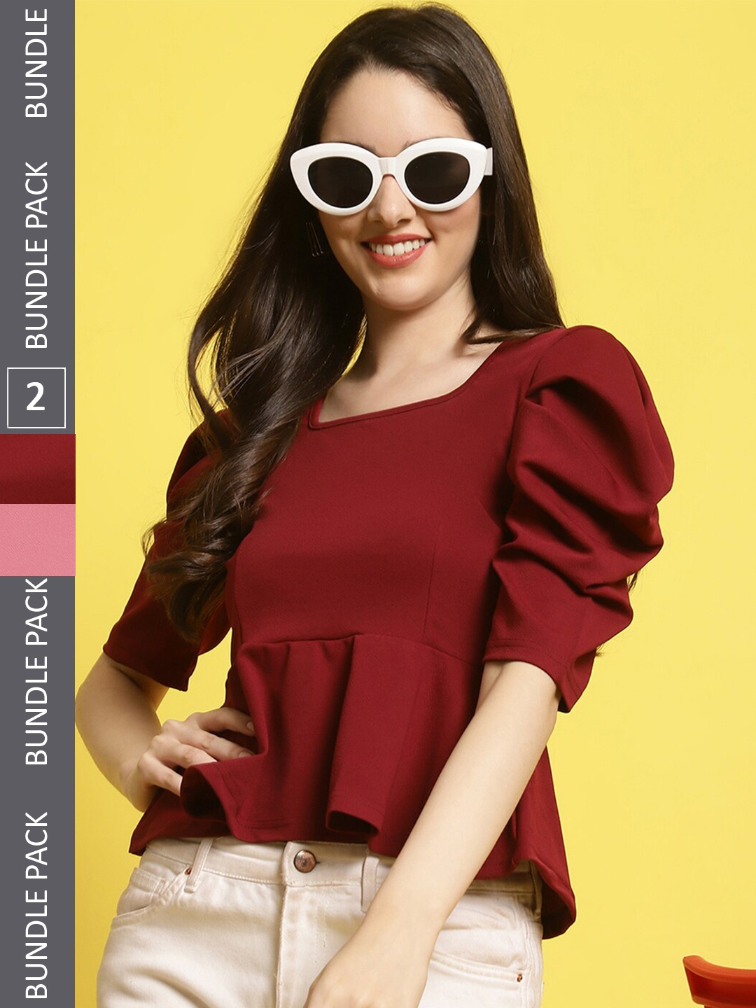 

BAESD Pack Of 2 Square Neck Puff Sleeves Peplum Top, Maroon