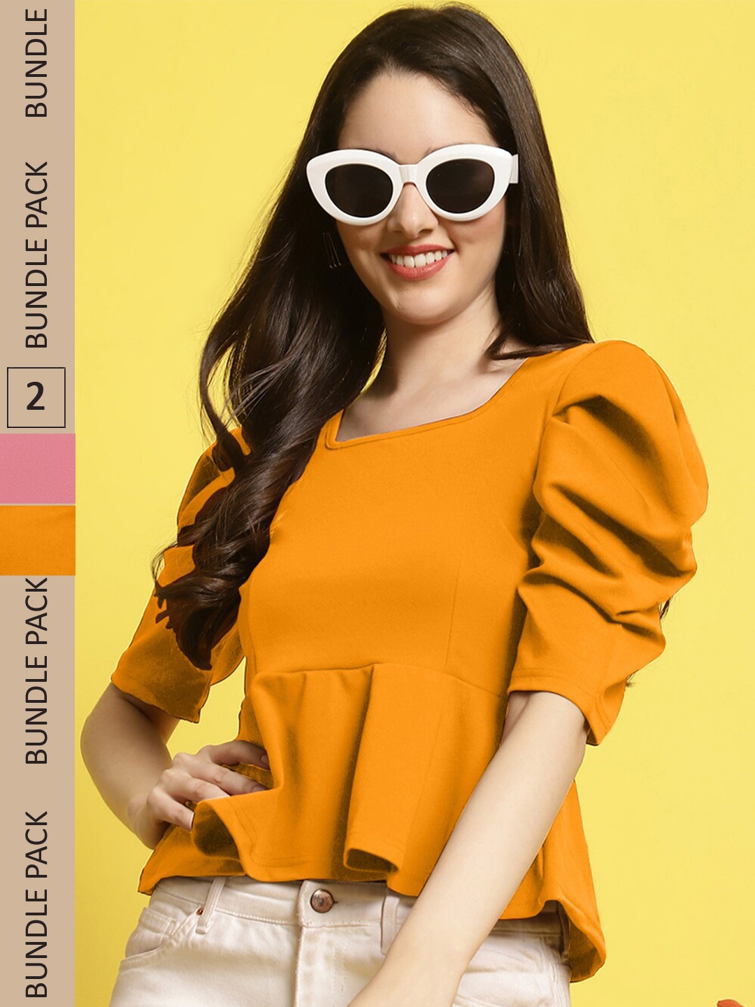 

BAESD Pack of 2 Square Neck Puff Sleeves Peplum Tops, Mustard
