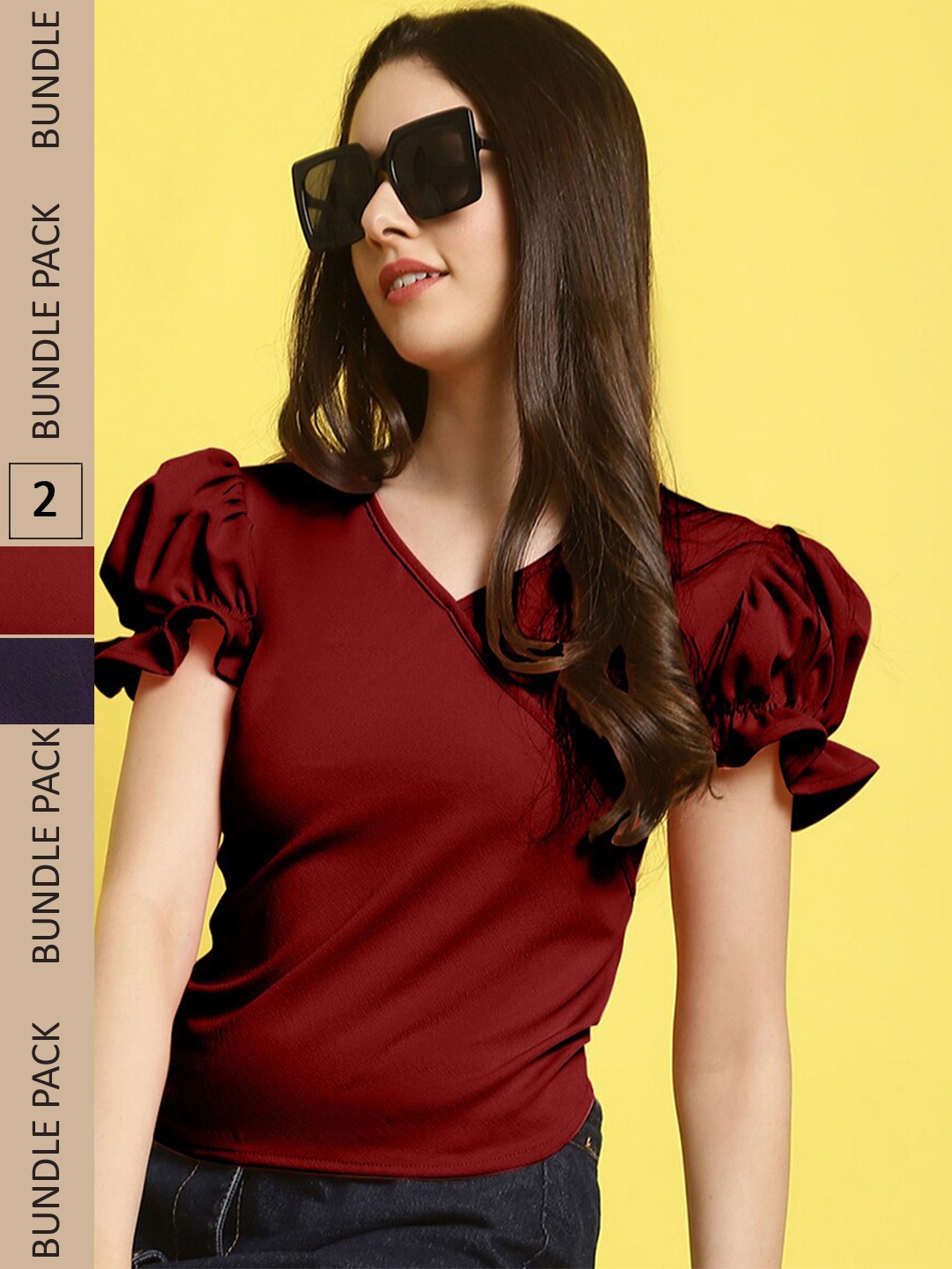

BAESD Pack Of 2 Puff Sleeves Regular Tops, Maroon