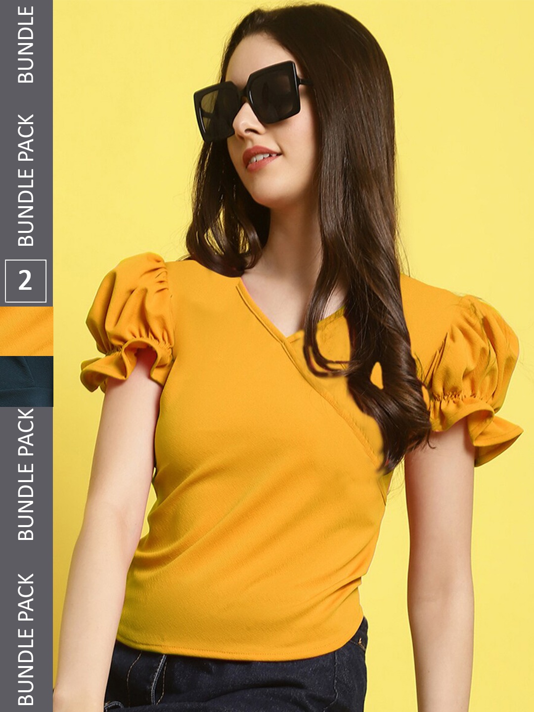

BAESD Pack of 2 Puff Sleeves Tops, Yellow