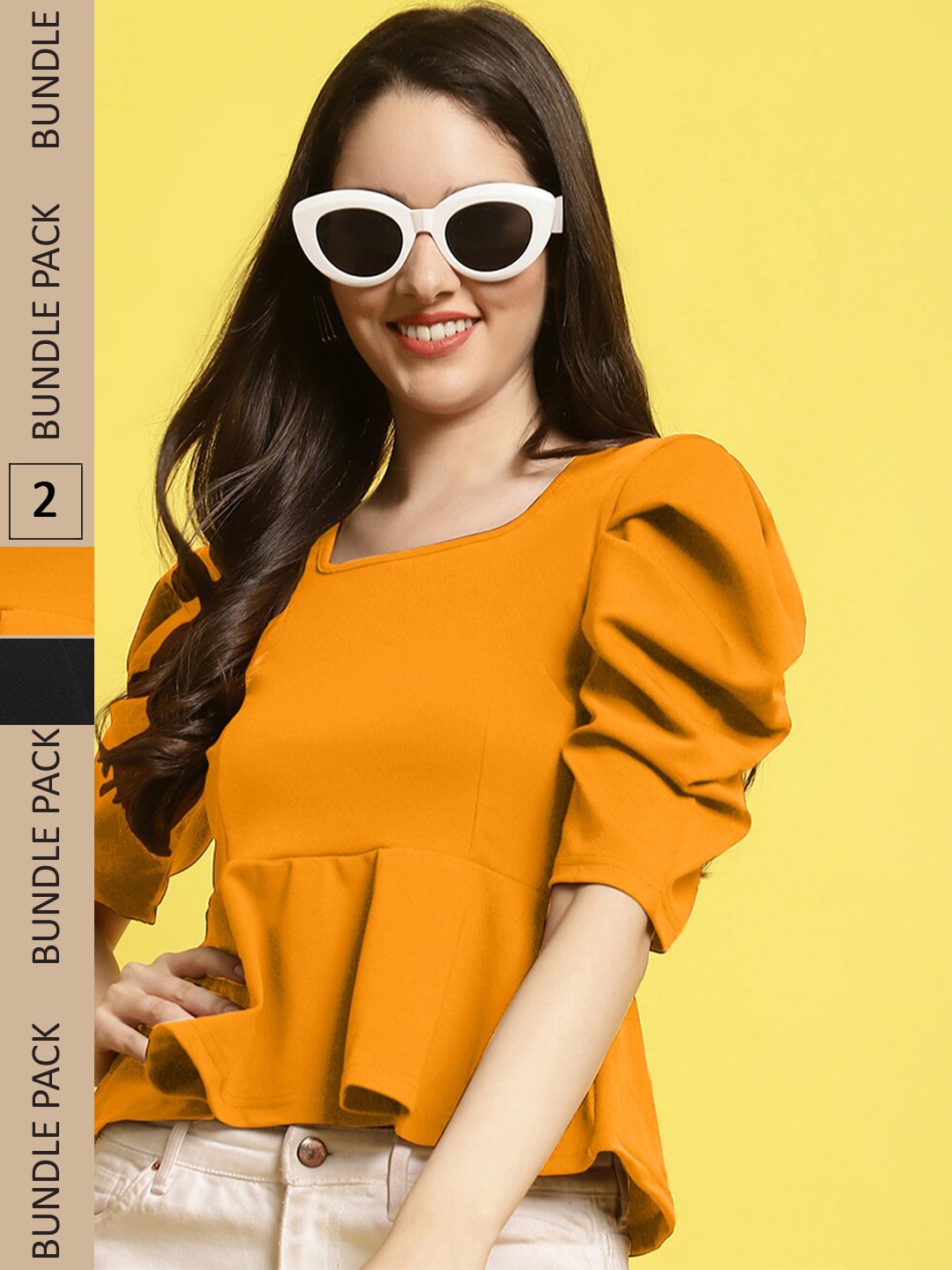 

BAESD Pack Of 2 Puff Sleeves Peplum Tops, Mustard