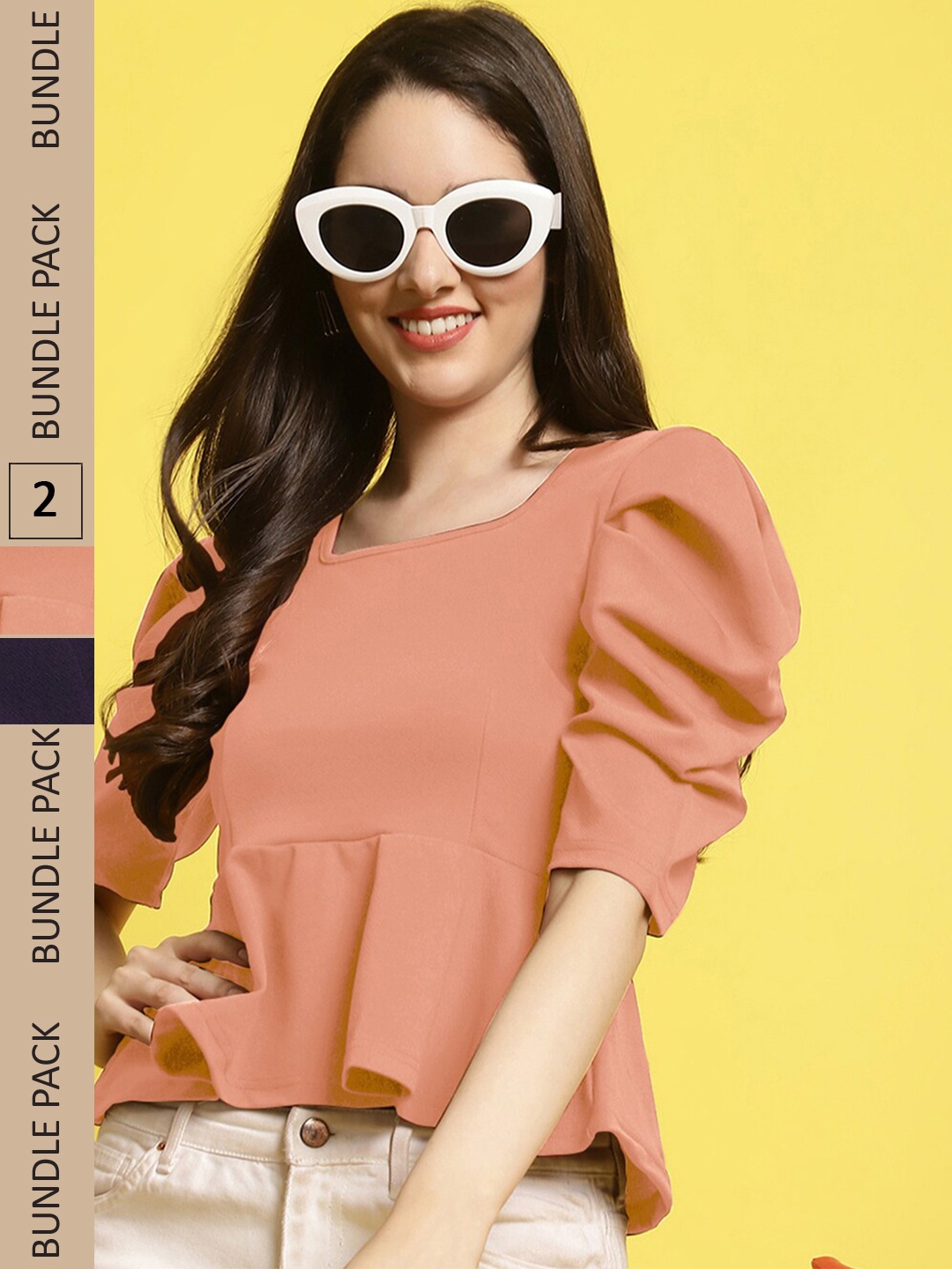 

BAESD Pack Of 2 Puff Sleeves Peplum Tops, Peach