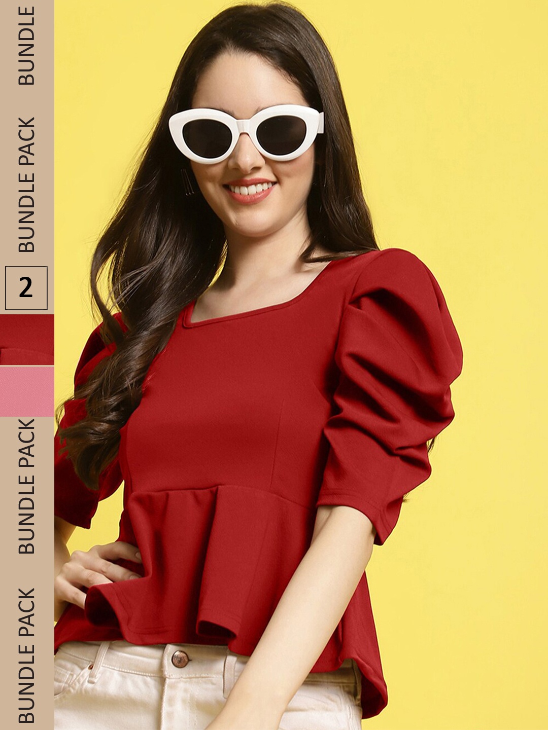 

BAESD Pack Of 2 Puff Sleeves Peplum Top, Maroon