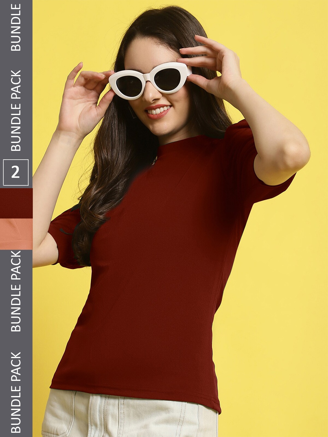 

BAESD Pack of 2 High Neck Puff Sleeves Tops, Maroon