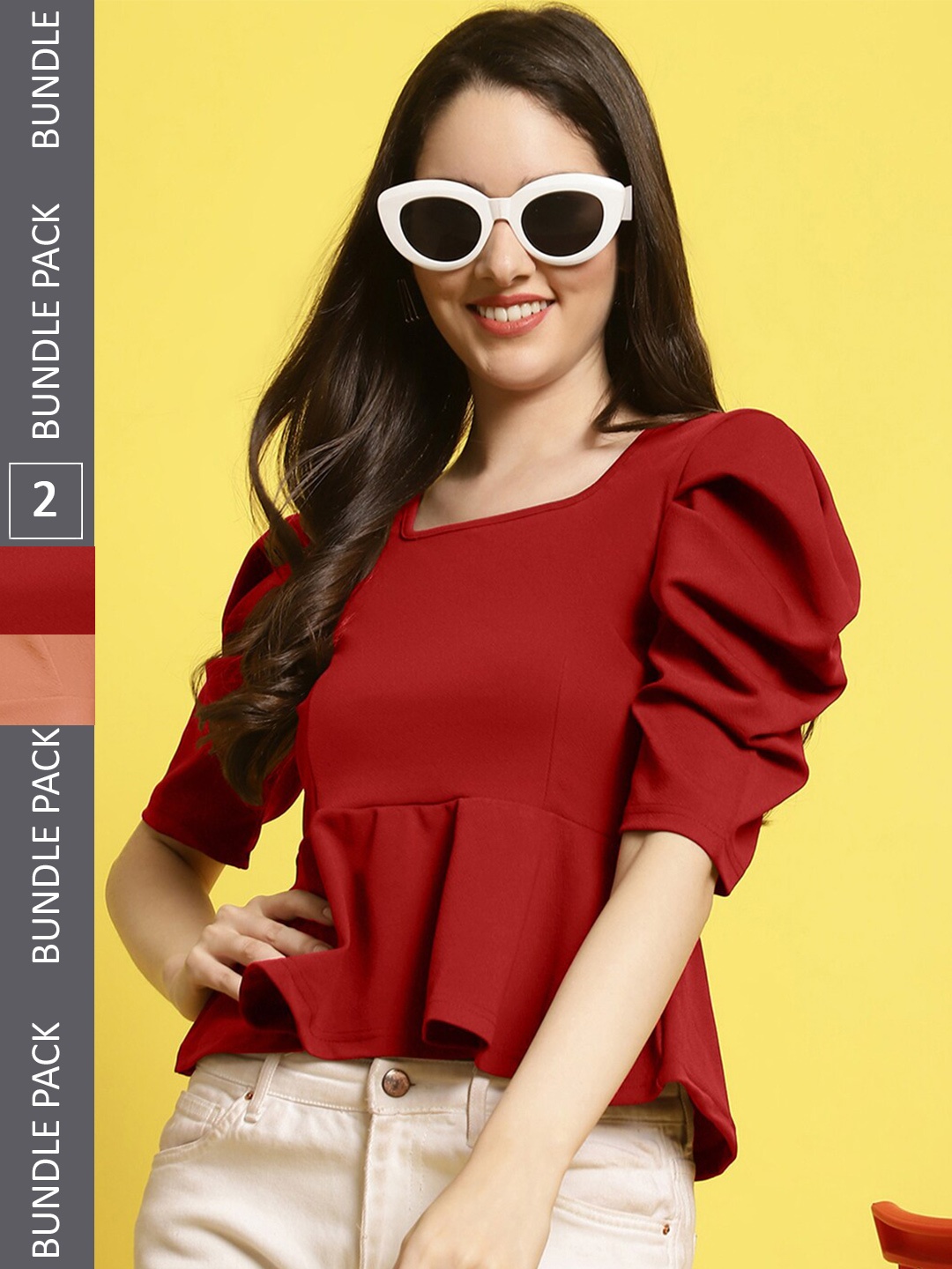 

BAESD Pack of 2 Puff Sleeved Peplum Top, Maroon
