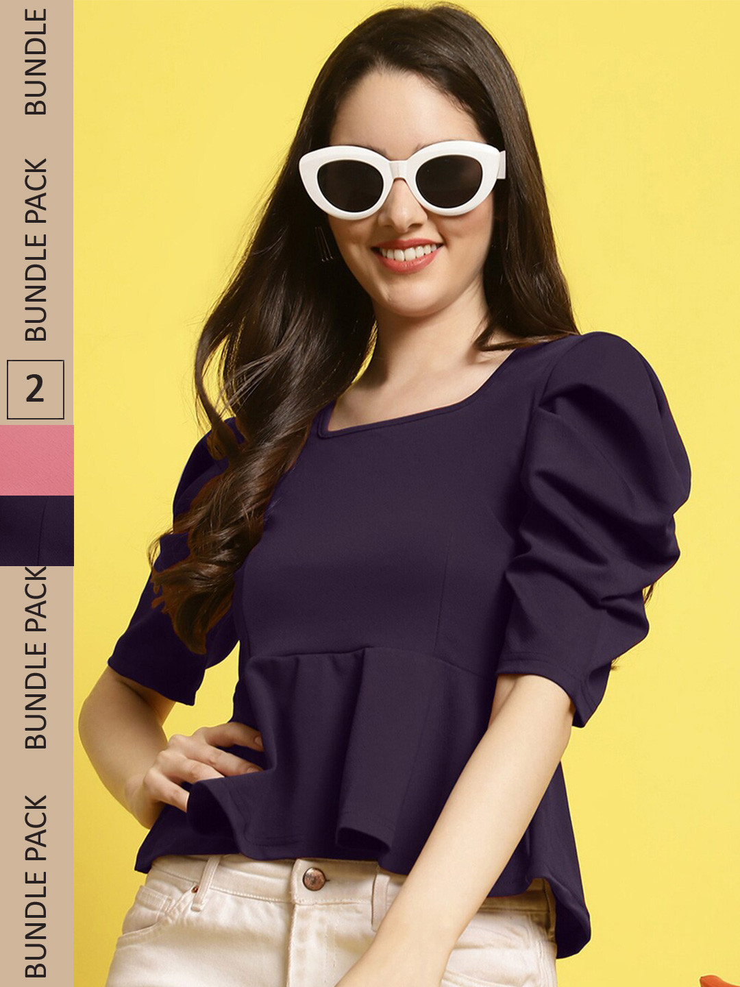 

BAESD Pack Of 2 Puff Sleeves Peplum Top, Black