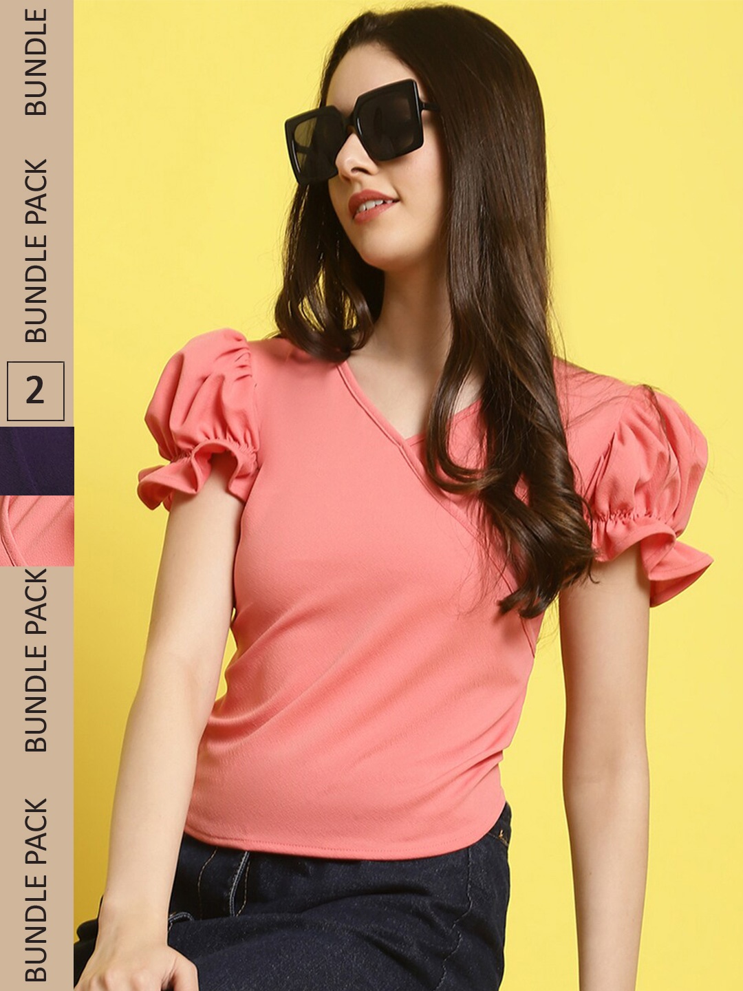 

BAESD Pack Of 2 V-Neck Puff Sleeve Top, Coral