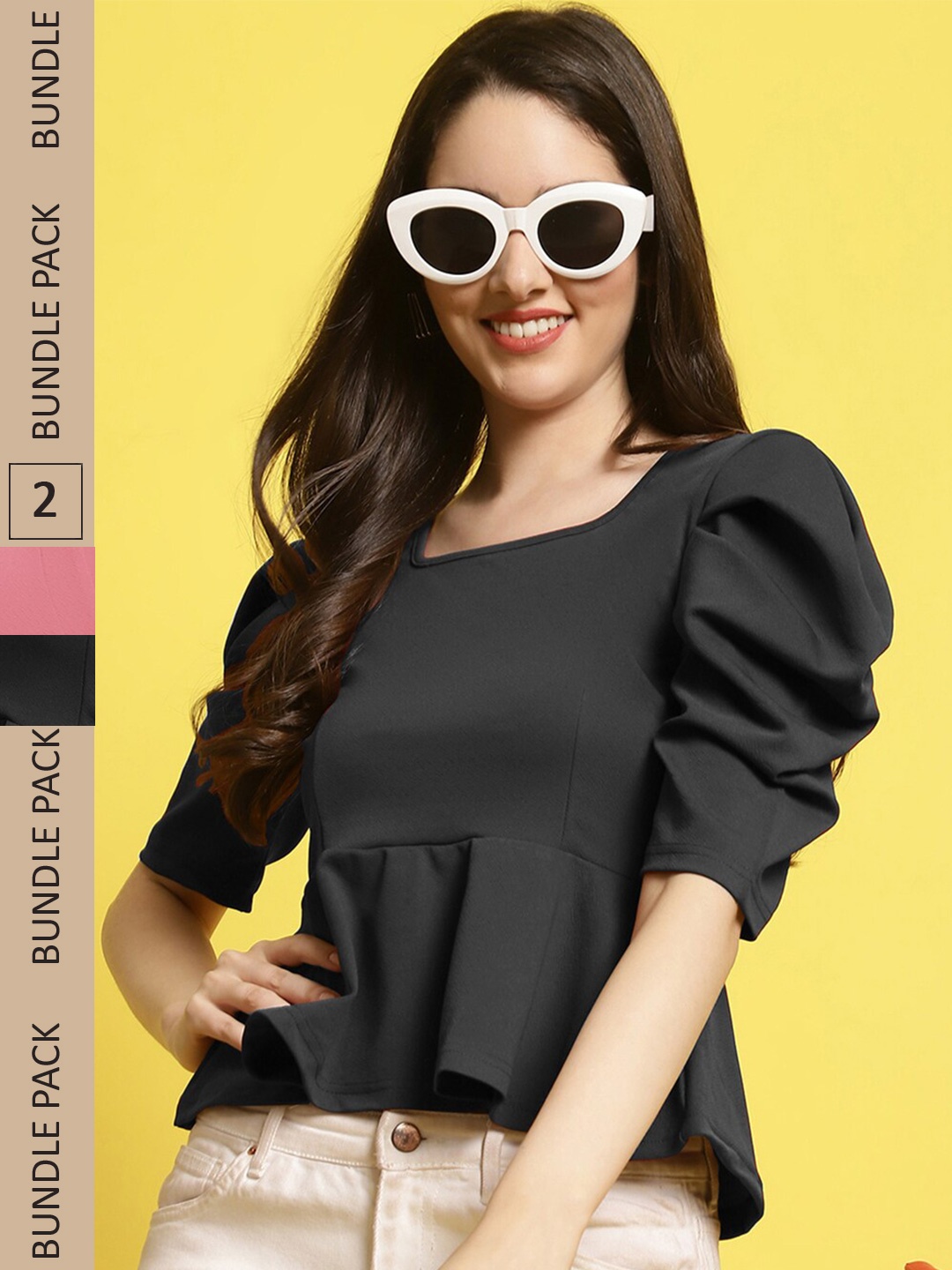 

BAESD Pack of 2 Puff Sleeves Peplum Tops, Black
