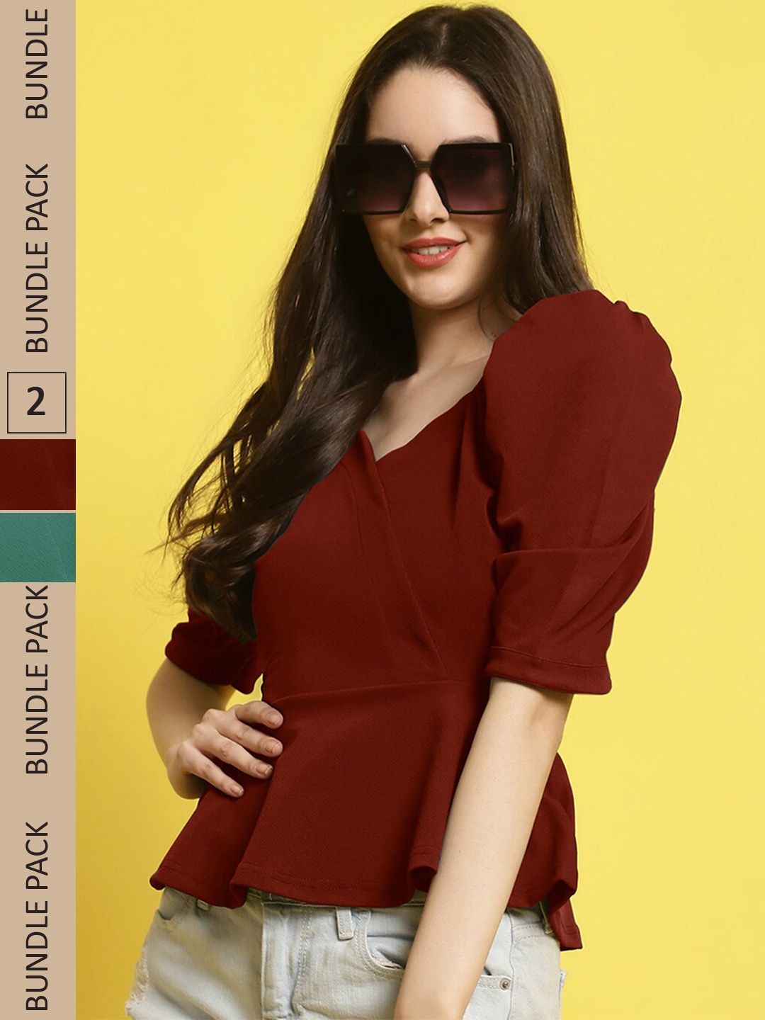 

BAESD Pack Of 2 Puff Sleeve Peplum Top, Maroon