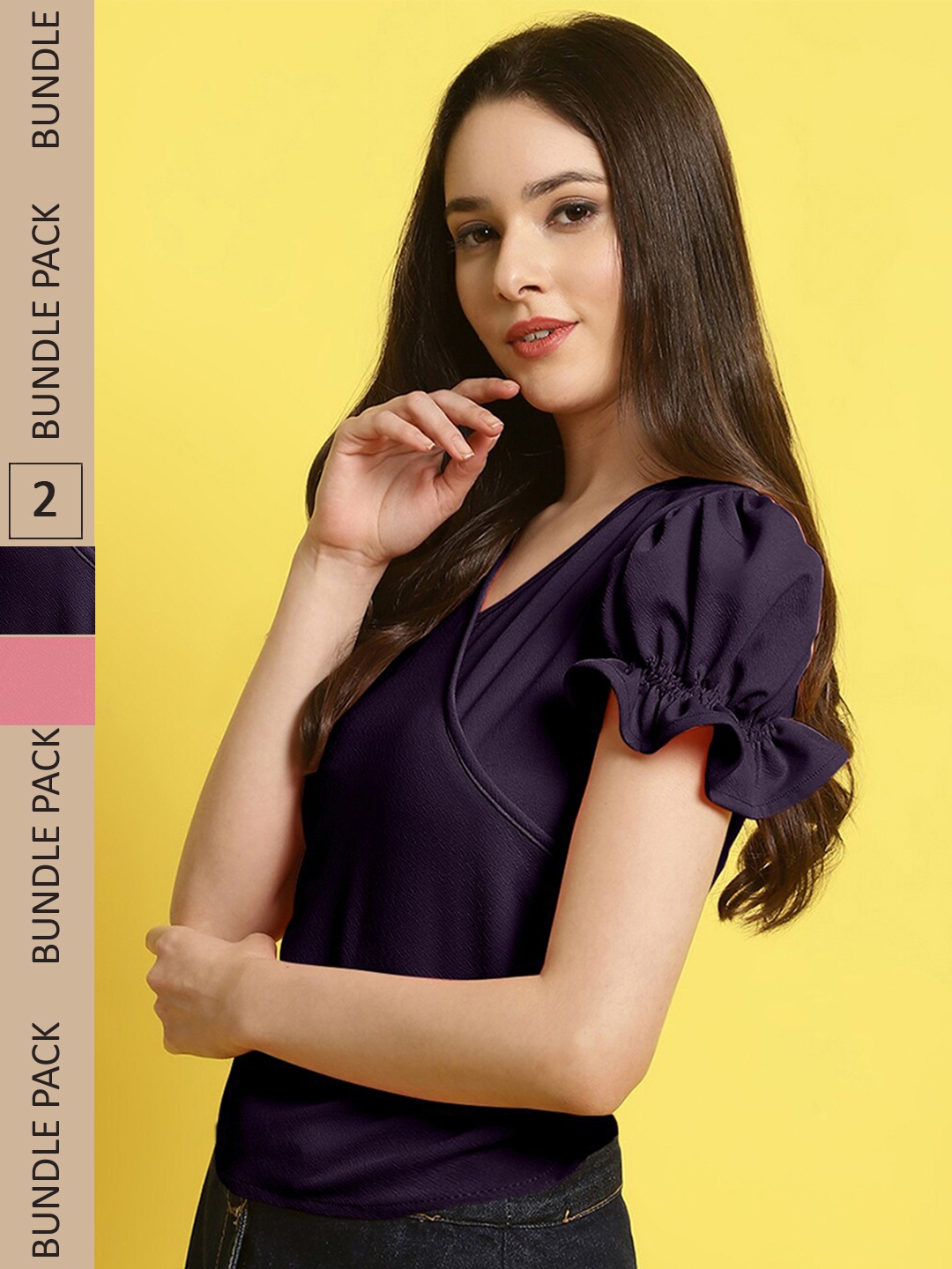 

BAESD Pack Of 2 V-Neck Puff Sleeves Regular Top, Purple