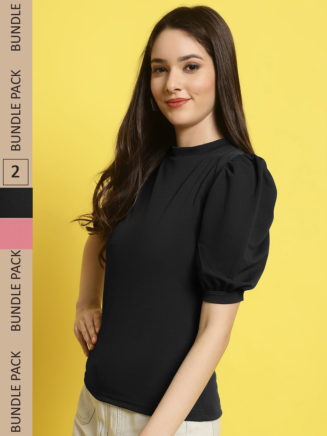

BAESD Pack Of 2 Puff Sleeves High Neck Regular Tops, Black
