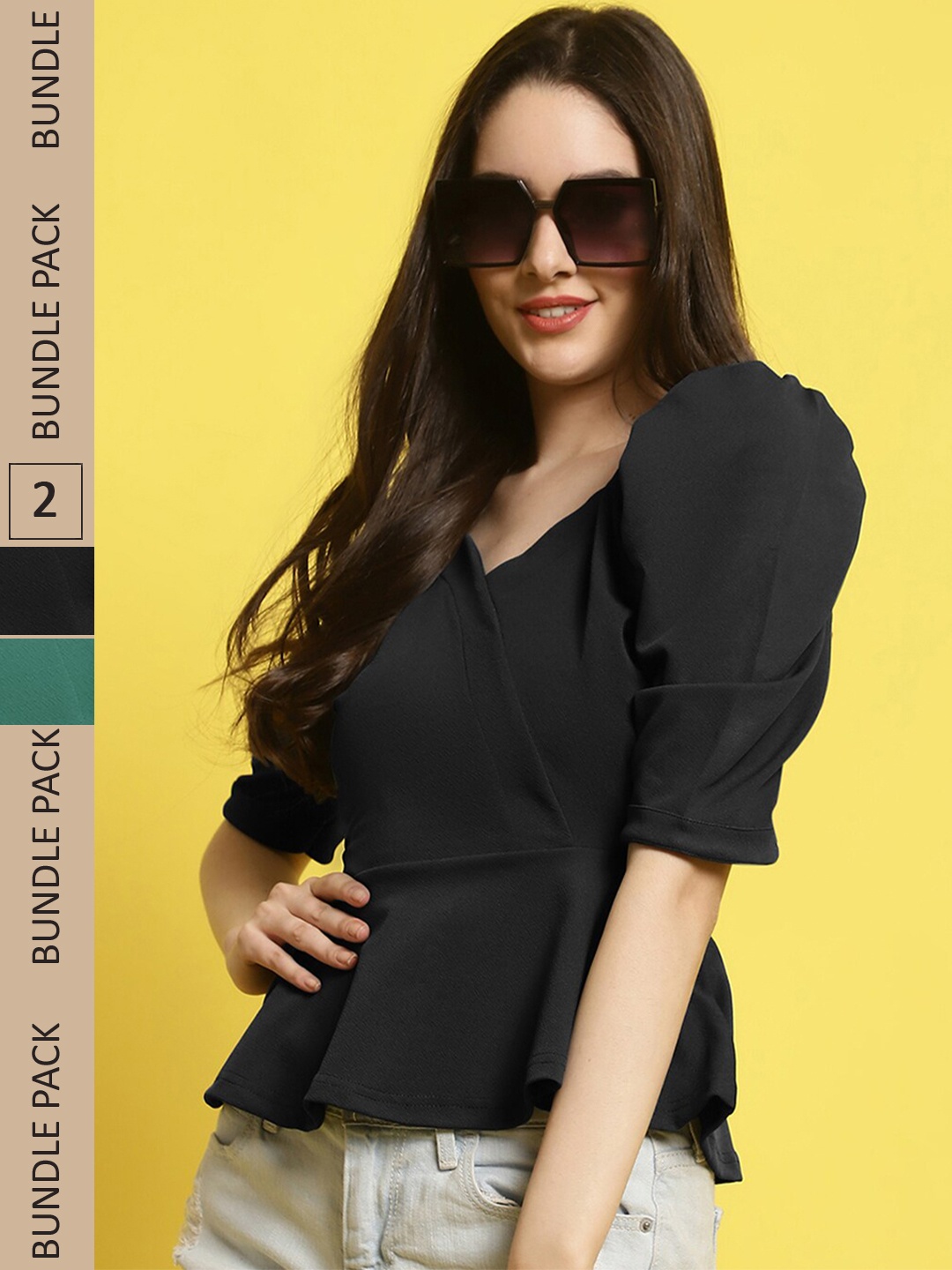 

BAESD Pack of 2 Sweetheart Neck Puff Sleeves Peplum Tops, Black